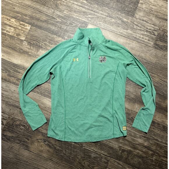 Under Armour Quarter Zip Notre Dame Green Striped Shirt size L Heatgear Women’s - Picture 1 of 9